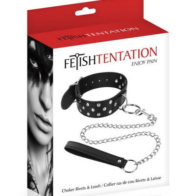Collier rivets et laisse noir Fétish Tentation
